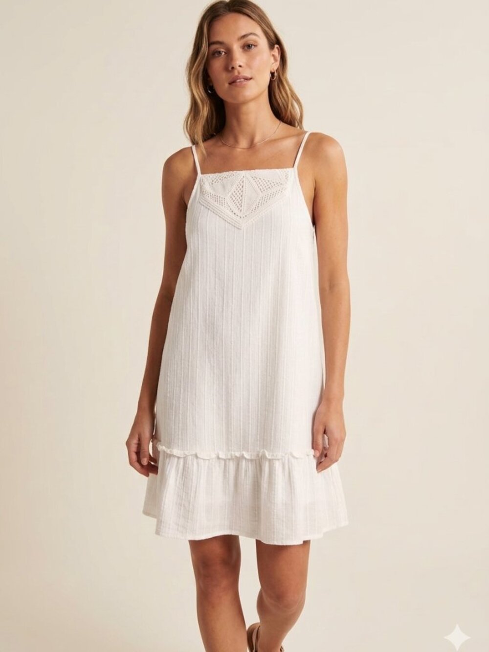 White Silver Lace Adjustable Strap Cotton Tiered Mini Dress Boho Resort Beach S